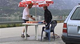 Michael buys fresh cherries from a Norwegian lad on the outskirts of Eidfjord, 23.6 miles into the ride, but he doesn't know many words of English yet